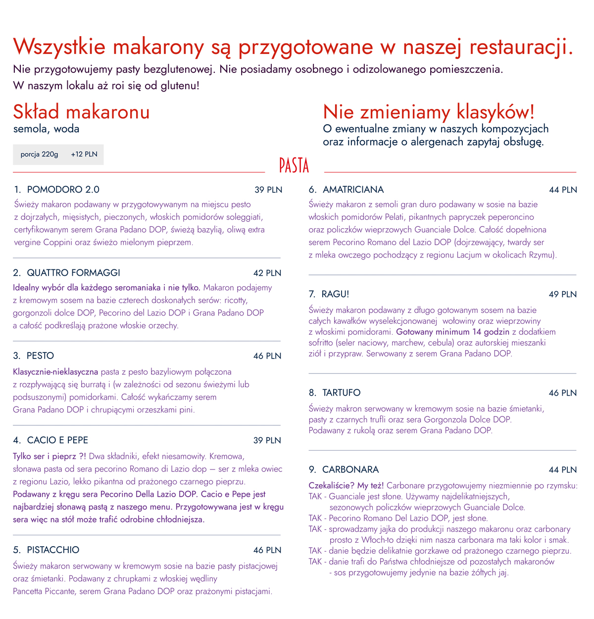 Menu restauracji La Pasta