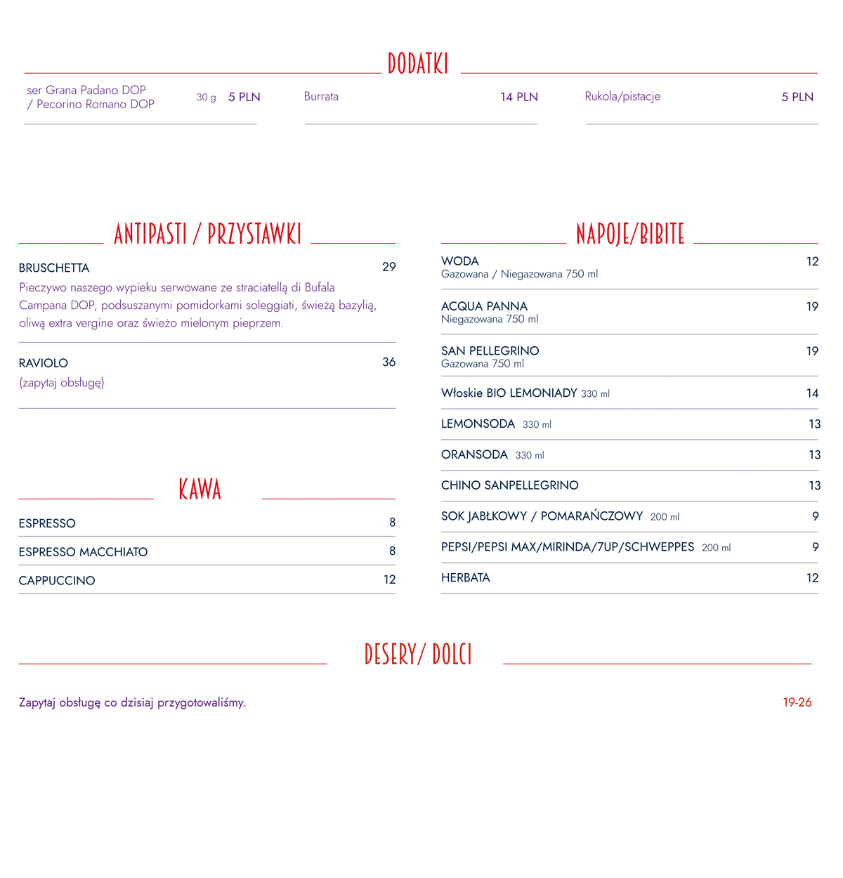 Menu restauracji La Pasta