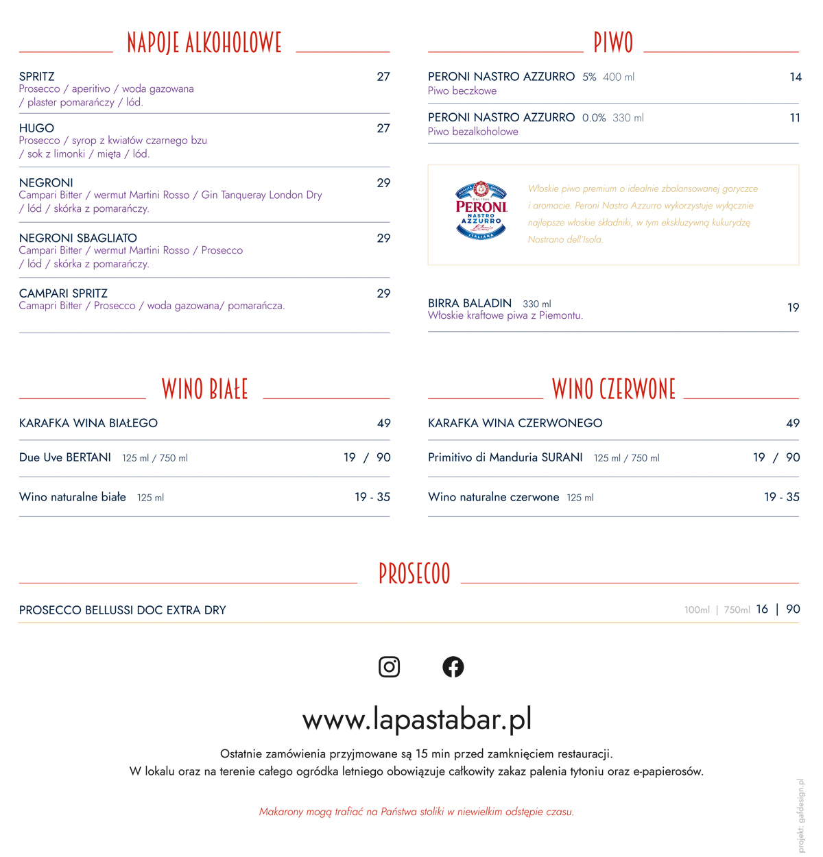 Menu restauracji La Pasta